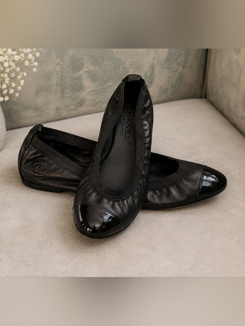 Authentic CHANEL Classic Black Lambskin & Patent Leather Cap Toe Ballet Flats |